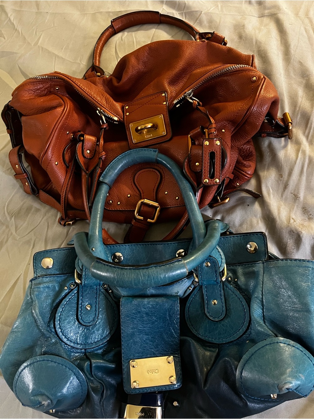 Chloe purses Teal and Brown Leather Shoulder Bag Set with Gold Hardware - Picture 2 of 12